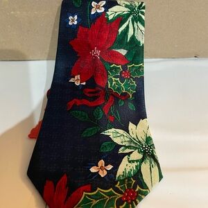 Vintage Happy holidays Hallmark holiday poinsettia and holly print tie NWT Blue